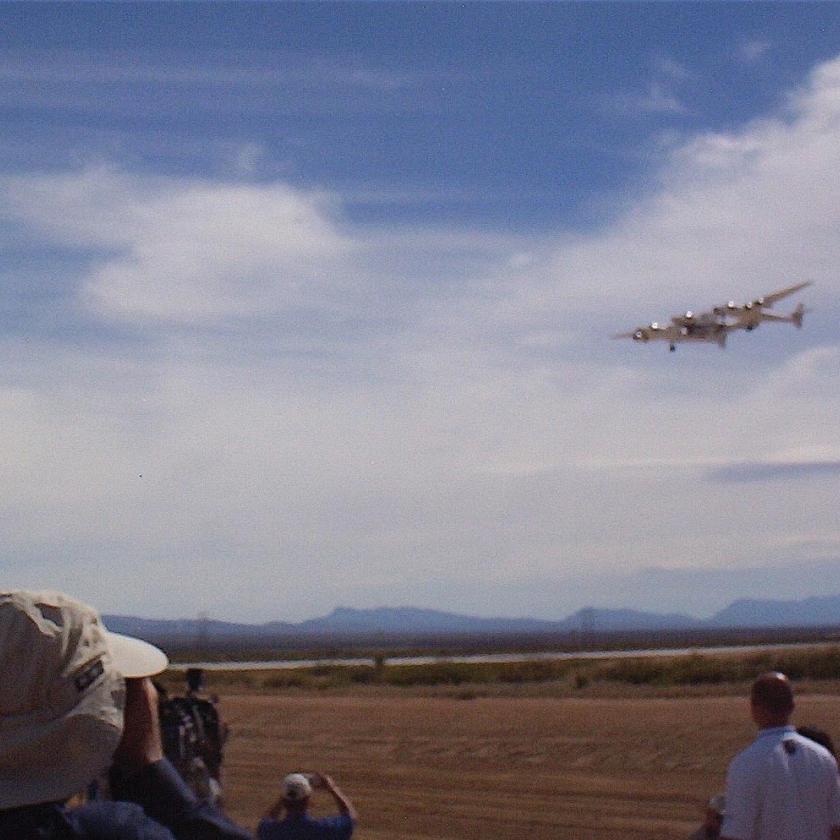 Virgin Galactic’s carrier vehicle, the White Knight Two, approaches the runway at Spaceport America during the runway’s dedication ceremony on October 22, 2010. Virgin Galactic successfully completed its first commercial space flight in June. PHOTO BY ALAN HALE